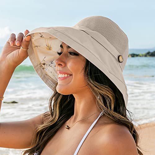 Women's-Mesh-Sun-Hats Wide-Brim Summer Beach Bucket Caps for Girls Outdoor-UV-Protection Foldable-Fishing-Hat Chin Strap