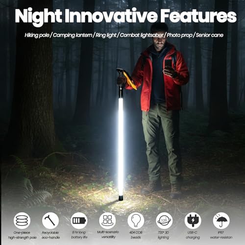 Walking Stick with LED Light for Night Climb, Recharged Glowing Travel Trekking Pole IP67 Waterproof Hiking Poles, Portabl...