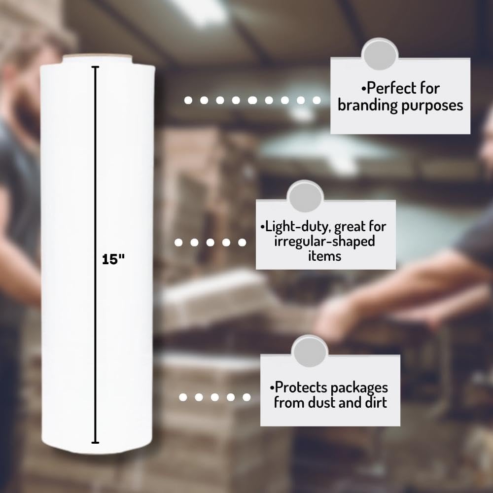 PSBM White Stretch Wrap, 15 Inch x 1476 Feet, 72 Pack, Tinted Pre-Stretched Shrink Wrap Film for Moving, Packaging, Pallet Wrapping