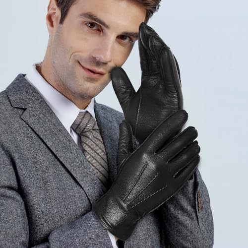 FIORETTO Men’s Chrome-Free Leather Gloves Winter – Touchscreen Driving Gloves with Warm Wool Lining M24001