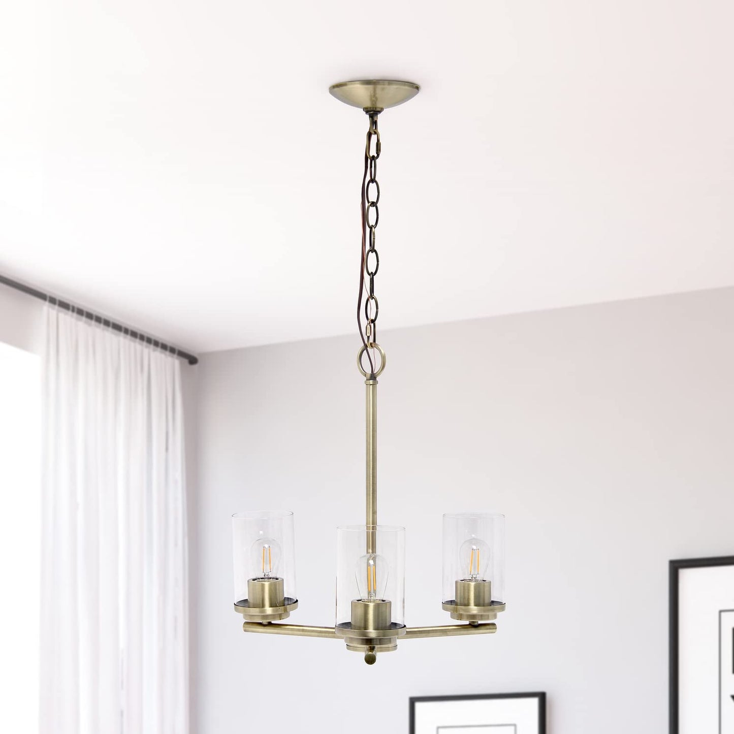 Elegant Designs Pendant Chandelier 3-Light Metal Clear Glass 15in Antique Brass PT1018-ABS