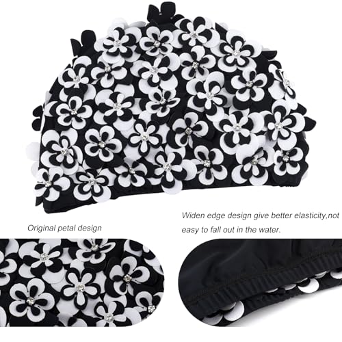 Medifier Vintage Floral Petal Swim Cap Bathing Hats for Women and Girls - Retro Elastic Swimming Turban with Flowers, Rhin...