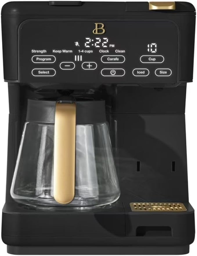 Beautiful by Drew Barrymore Multi-Brew Coffee Maker, 12-Cup Carafe + Single-Serve, Pods or Grounds, Over Ice, Touch Display. (BLACK SESAME)
