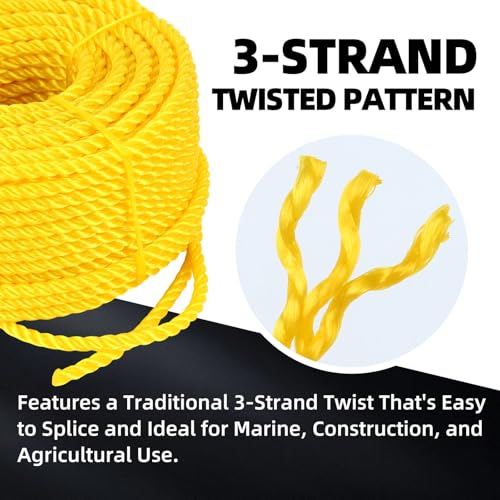 Polypropylene Rope - Bright Yellow, 1/4" x 100ft - All-Purpose Utility Rope for Marine, Outdoor, and DIY