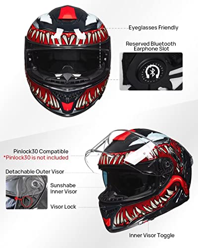 ILM Full Face Dual Visor Motorcycle Helmets with Rear Wing Pinlock Compatible Motorbike Street Bike Helmet DOT Men Women M...