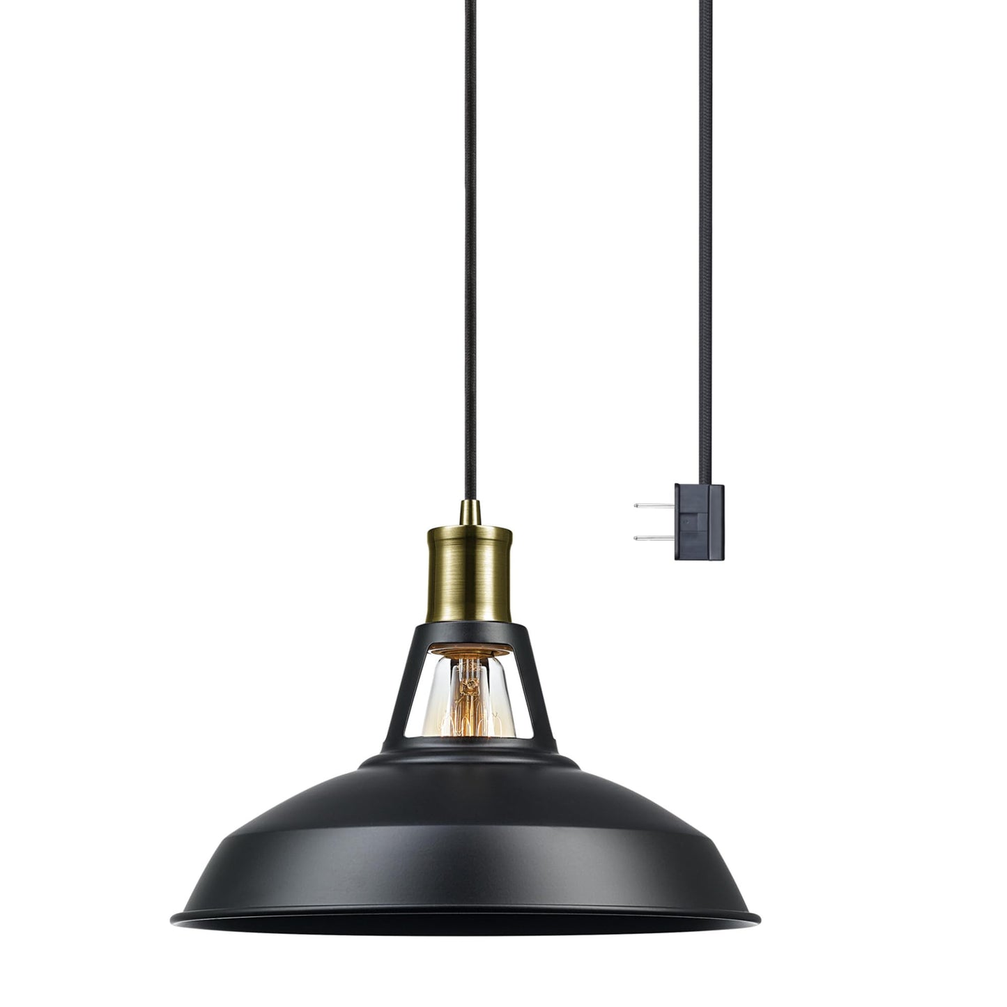 Globe Electric 65712 Robin 1-Light Plug-In Or Hardwire Pendant  Satin Black  Antique Brass Accents  15Ft Black Woven Fabric Cord  In-Line On/Off Rocker Switch