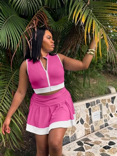 Ophestin Women 2 Piece Outfits Colorblock Workout Tennis Skirt Sets Zipper Crop Top Pleated Mini Dress Going Out Party