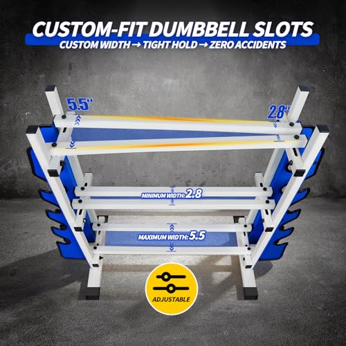 Adjustable Dumbbell Rack, 3-Tier Holder with Double Side Extension Fit Different Weight Dumbbells & Kettlebells, Heavy-Dut...