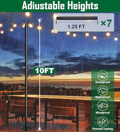 Tigerden 10ft String Light Poles for Hard Surfaces, Light Poles for Outdoor String Light, Perfect for Garden, Backyard, an...