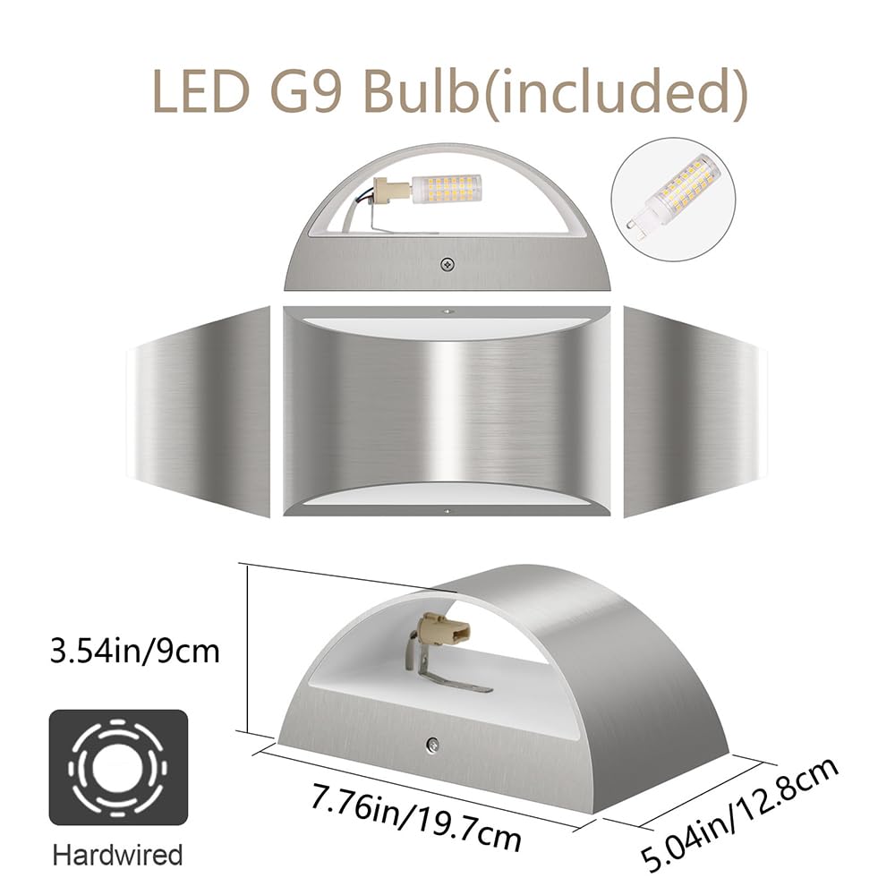 Aipsun LED Wall Sconce Set of 2, Nickel Aluminum, Warm White 3000K, Hardwired Indoor Light, Model 9206