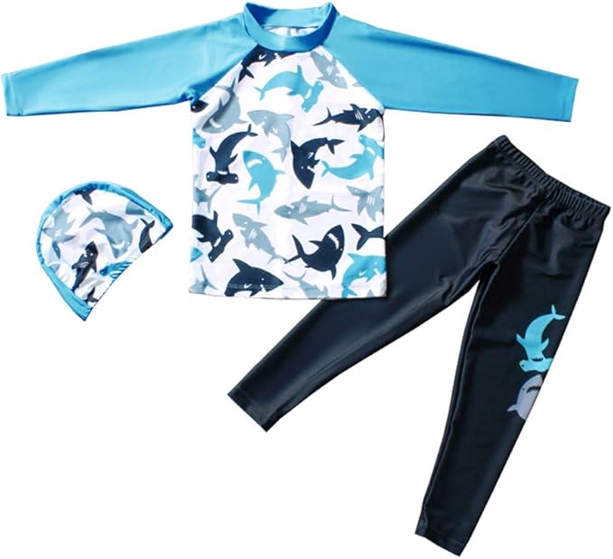 Digirlsor Kids Boys Two Piece Rash Guard Swimsuit Bathing Suit Long Sleeve Sunsuit Swimwear Set with Cap 2-10 Years