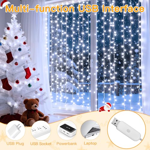 Ollny Curtain Lights 6.6x6.6ft, 200 LED White Christmas Lights with Remote 8 Modes Dimmable Timer, USB Power String Light ...
