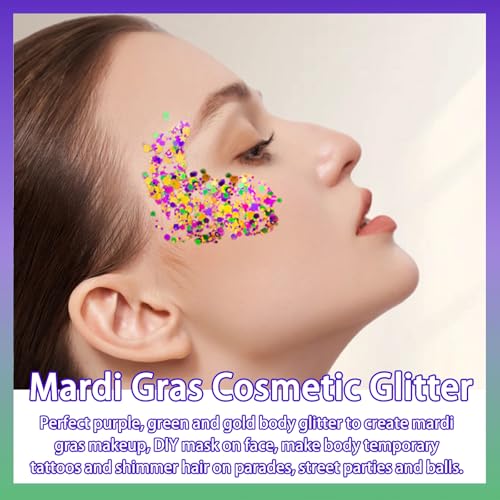 Allstarry Mardi Gras Face Glitter, 4 Colors Chunky Body Glitters Purple Green Gold Face Glitter Eyeshadow Makeup Hair and ...