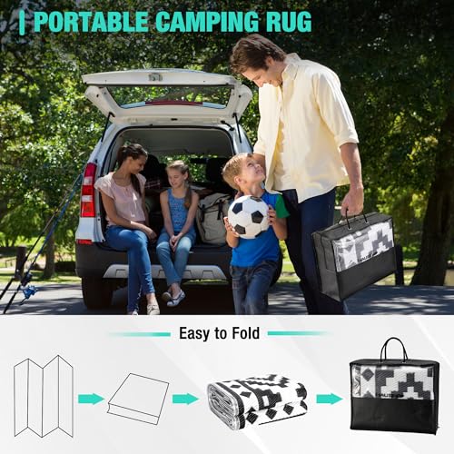HAUSHOF 5'X8' Outdoor Rug Waterproof with LED Strip Light, Reversible Outdoor Plastic Straw Rug, Patio Rug with 4 Rug Stak...