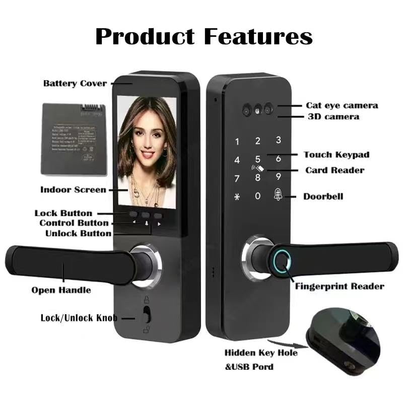 Smart Door Lock with Face Recognition – 6 Unlock Ways (Fingerprint, Face ID, Password, Card, Key, Tuya APP) | Keyless Entry & WiFi APP Control | Easy DIY Install | Weatherproof Design | Doorbell