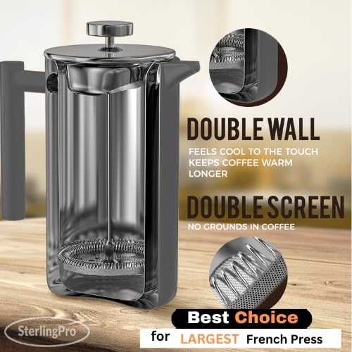 Extra Large French Press Coffee Maker 59 oz (1.75L), Large Capacity Stainless Steel Big French Press XL, Thermal Insulated Black Coffee Maker with Double Walled Insulation, Gray