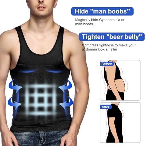 Odoland 3 Pack Men Compression Shirt Body Shapewear Base Layer Tummy Shaper Vest Tank Top