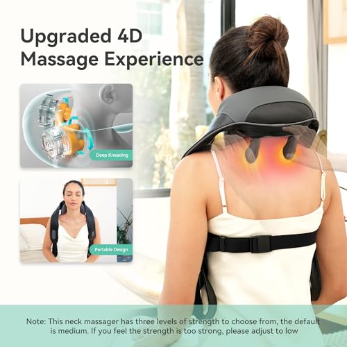 Snailax Cordless Neck Shoulder Massager with Heat for Pain Relief Deep Tissue, Upgarded 4D Kneading, Shiatsu Back Neck Mas...