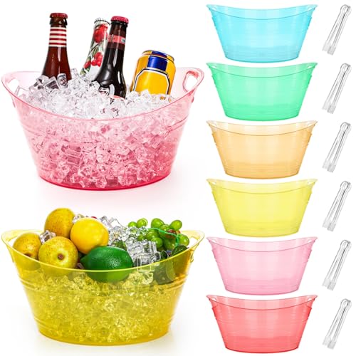 ZAVOOS 6 Pack Plastic Ice Bucket, 4.5 Liter Small Champagne Bucket with Tongs Handle, Colorful Oval Storage Tub Drink Buck...