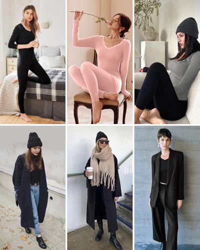 WOWENY Long Johns Thermal Underwear for Women Fleece Lined Base Layer 2 Pieces Pajama Set Cold Weather Lace V Neck Top Bottom