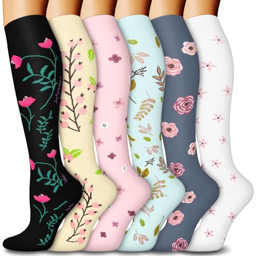 6 Pairs Compression Socks for Women & Men 15-20mmHg Graduated Support Knee High Socks for Nurses, Travel, Athletic
