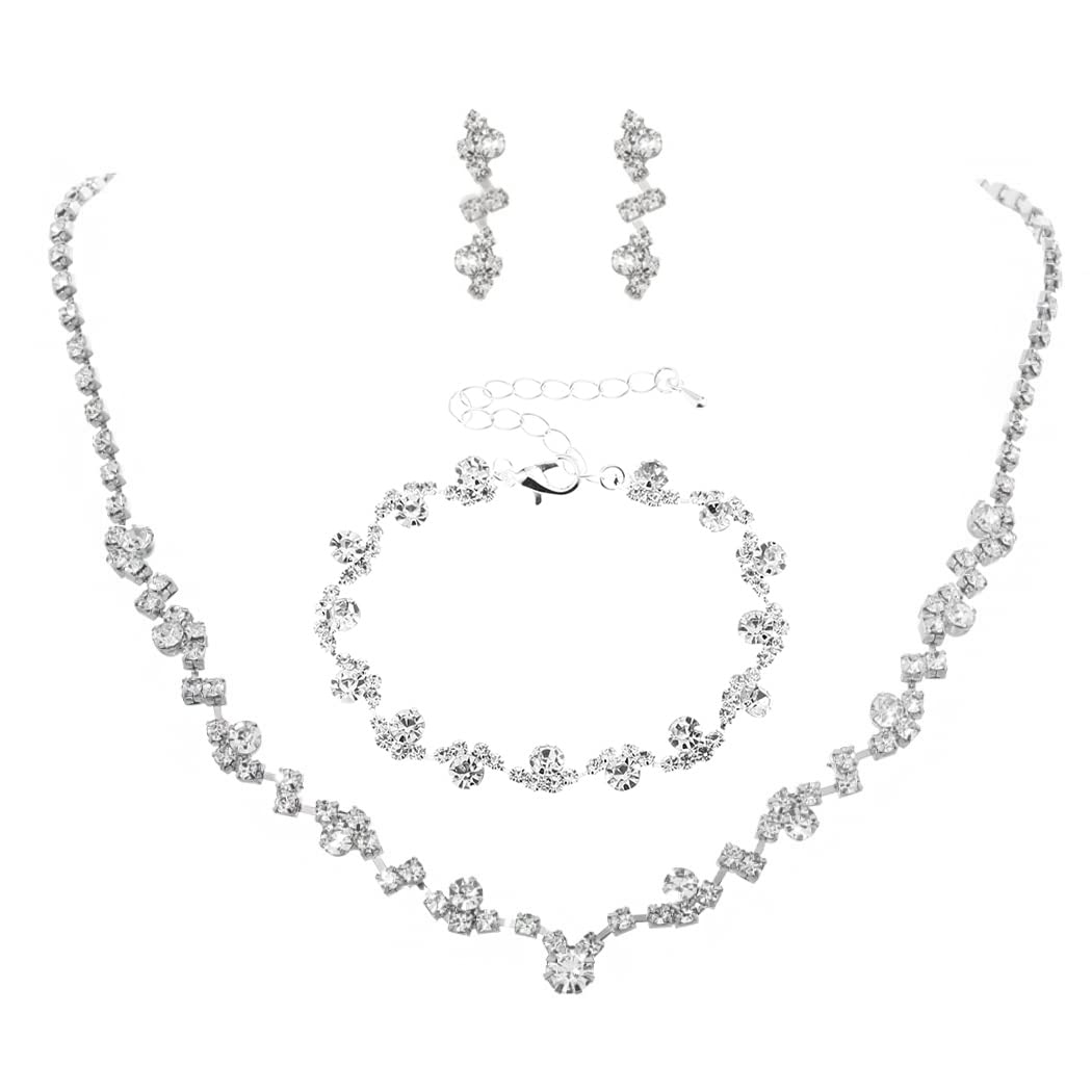 Unicra Bride Crystal Necklace Bracelet Earrings Set Bridal Wedding Jewelry Sets Rhinestone Choker Necklace Prom Costume Jewelry