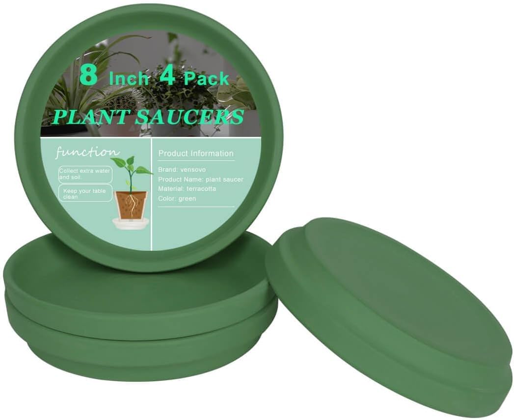 vensovo 8 Inch Green Terracotta Plant Saucer Pots Tray - 4 Pcs Round Planter Saucers for Indoor & Outdoor Plants, Large Clay Trays Perfect for 7 Inch 7.5 Inch 8 Inch Flower Pot