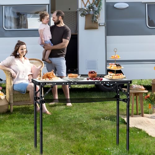 Anbte Folding Camping Table, Aluminum Small Folding Table 3 Adjustable Height Max 27.5", Portable Table with Carry Handle,...