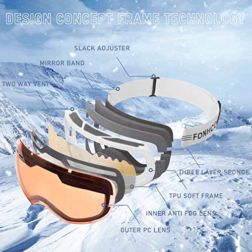FONHCOO Ski Goggles for Men Women, Anti-Fog OTG Snow Snowboard Glasses with Detachable Lens for Skiing Skating, UV Protection