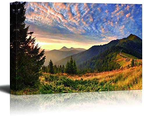 wall26 Canvas Print Wall Art Sunset Over The Golden Mountain Forest Landscape Nature Wilderness Photography Realism Rustic Scenic Green Ultra for Living Room, Bedroom, Office - 32"x48"