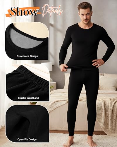 Patelai 2 Pack Thermal Underwear for Men Fleece Lined Winter Base Layer Set Long Sleeve Crew Neck Top and Bottom