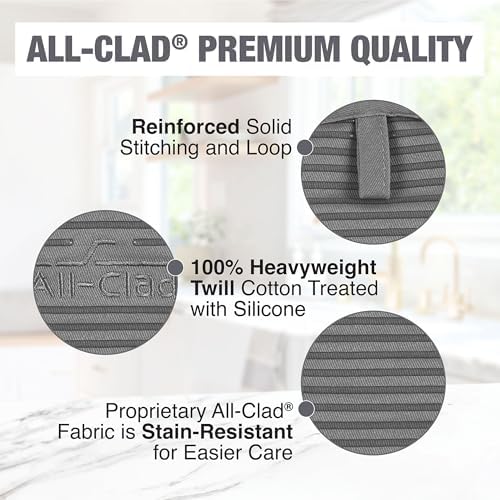 All-Clad Premium Pot Holder & Heating Pad, (2-Pack) Heat Resistant to 500 Degrees, 100% Cotton 10"x6.25" for Kitchen and Barbeque, Pewter