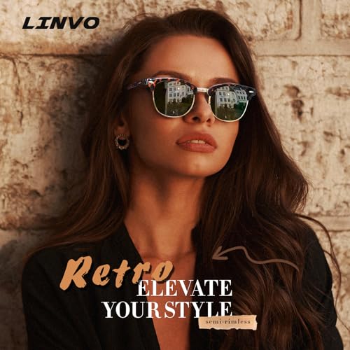 LINVO Polarized Semi Rimless Sunglasses for Men Women, Classic Retro Shades Half Frame Driving Sun Glasses UV Protection