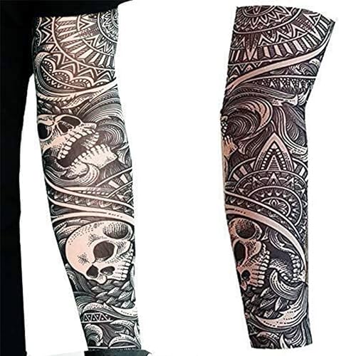 2 x Tattoo arm sleeves fake nylon elastic stocking full arm skulls halloween stretchy adult gotihic slip on biker goth got...
