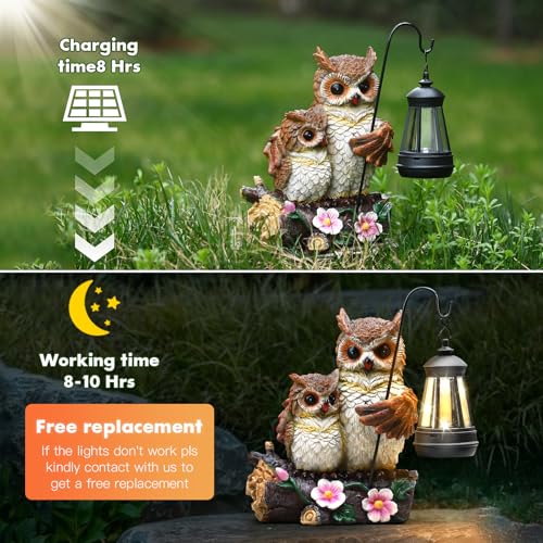 Json Garden Owls Statue With Solar Led Lantern  Loving Owls Family Embrace  Gifts For Mom Yard Art  Whimsical Figurine Large Sculpture Lighted Outdoor MotherS Day Spring Decorations For Lawn  Porch