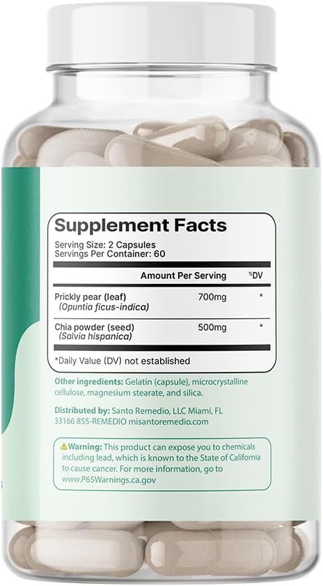 Santo Remedio Nopal Chia, Prickly Pear Cactus and Chia Powder Dietary Supplement, Clinically Proven Ingredients, Gluten Free, Non-GMO, No Added Sugar, 120 Capsules, 60 Servings Per Container