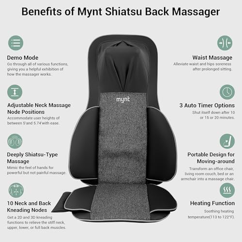 Mynt FSA Eligible HSA Approved Shiatsu Neck and Back Massager for Chair with 10 Deep Kneading Nodes, 2D & 3D Back Massage ...