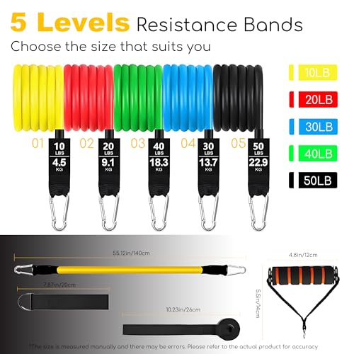 Resistance Bands Set with Door Anchor Training System, 5 Colors Stackable up to 150LBS, Includes 5-Angle Door Training Too...