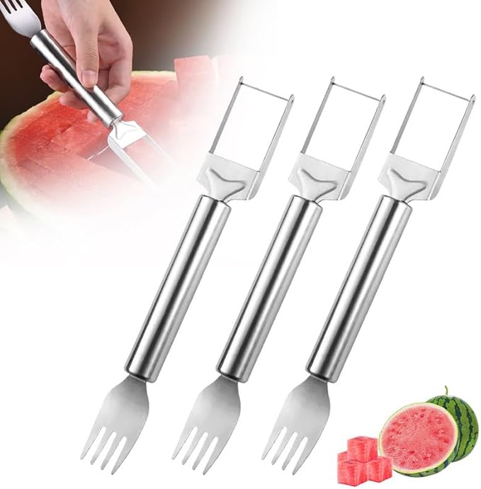2-in-1 Stainless Steel Fruit Cutter, 2024 Upgraded Watermelon Fork Slicer Cutter Slicer Tool, Dual Head Fruit Forks Slicer Knife with Round Handle (3 PCS)