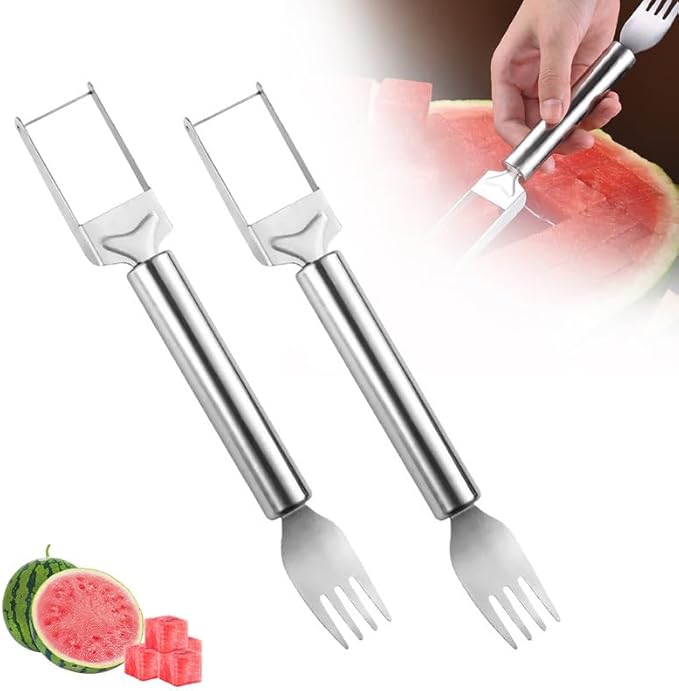 Kruggo Upgraded 2-in-1 Stainless Steel Fruit Cutter, 2024 New Watermelon Fork Slicer Cutter Slicer Tool, Dual Head Fruit Forks Slicer Knife with Round Handle (2 PCS)