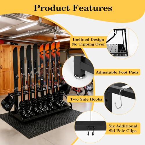 SILKPE Freestanding Snowboard Ski Storage Rack – Inclined Design, No Tipping Over, for 8 Pairs Ski, 4 Pairs Ski Boots, 2 H...