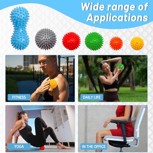 6-Pack Spiky Massage Balls Set, Hard/Medium/Soft Textured Muscle Roller Balls for Plantar Fasciitis Relief, Myofascial Rel...
