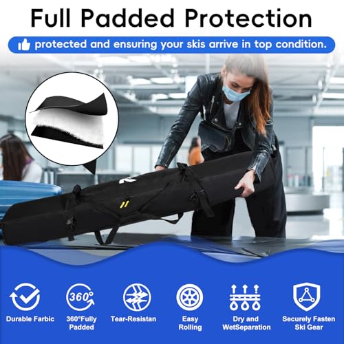Kioqiear Rolling Ski Bag with Wheels for Air Travel,Padded Double Ski Bag to Hold 2 Pairs of Skis up to 175 or 190 cm.