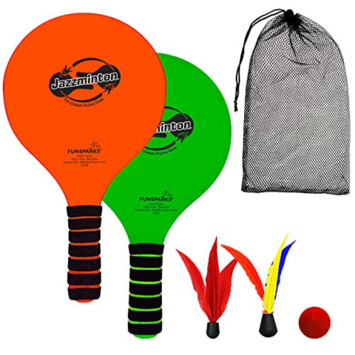 Jazzminton Paddle Ball Game Beach for Family and Friends - 2 Paddles, 2 Birdies, 1 Ball and Carry Bag – Wind Birdie Includ...