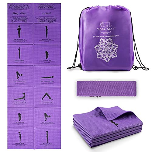 Foldable Yoga Mat for Women, Non Slip Exercise Mat for Home Gym, 5mm Travel Yoga Mats Set With Stretch Strap for Yoga Pila...