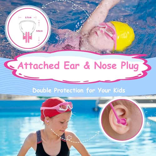 Vvinca Kids Swim Goggles for Kids 3-12, Upgraded Design with Ear & Nose Plug, Wide View Anit-Fog No Leak Water Pool Goggle