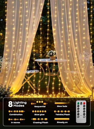 Brightown 300 LED Curtain String Lights, 9.8 FT Hanging Fairy Lights with Remote, 8 Modes, Waterproof Window Lights for Be...