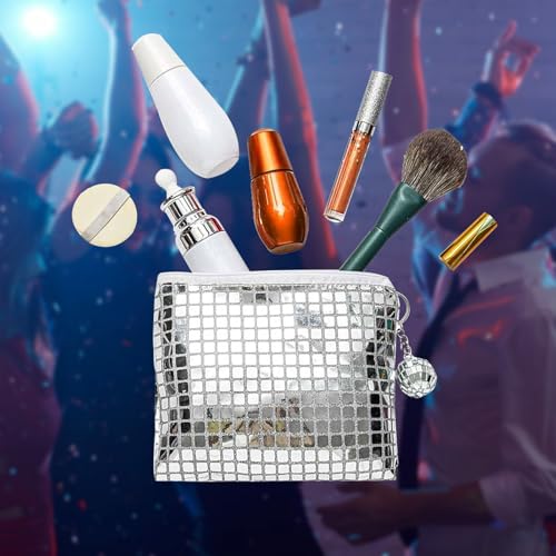 JDRGJTH 6 Pack Disco Cosmetics Bag, Makeup Bag, Portable Silver Sequins Glitter Mirror Foil Zipper Handbag with Disco Acce...