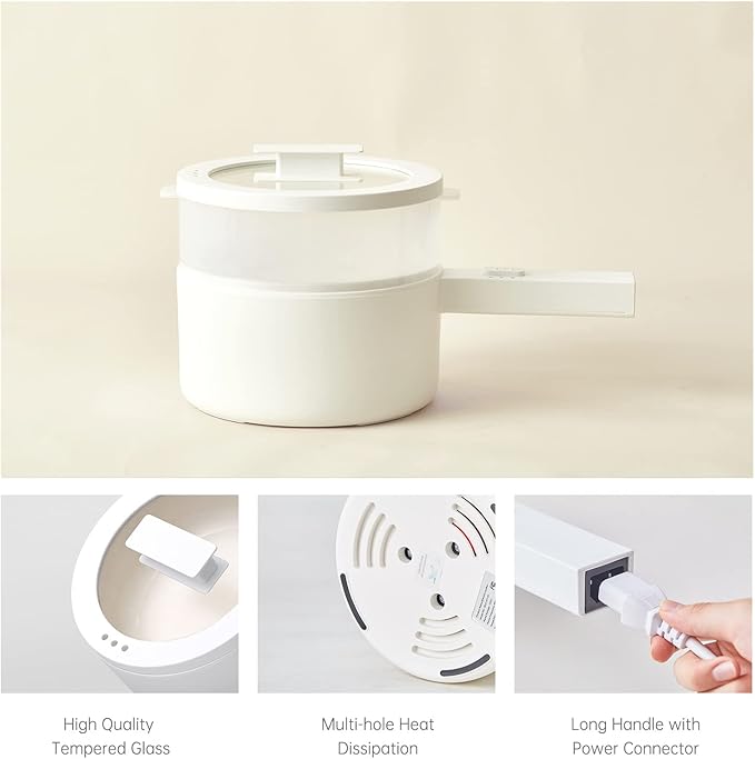 Hot Pot Electric with Steamer, 1.5L Ceramic Glaze Non-stick Portable Pot, Dual Power Multi-functional Electric Cooker, Suitable for Steak, Pasta, Hot Pot, Ramen, Dorm Room Essential