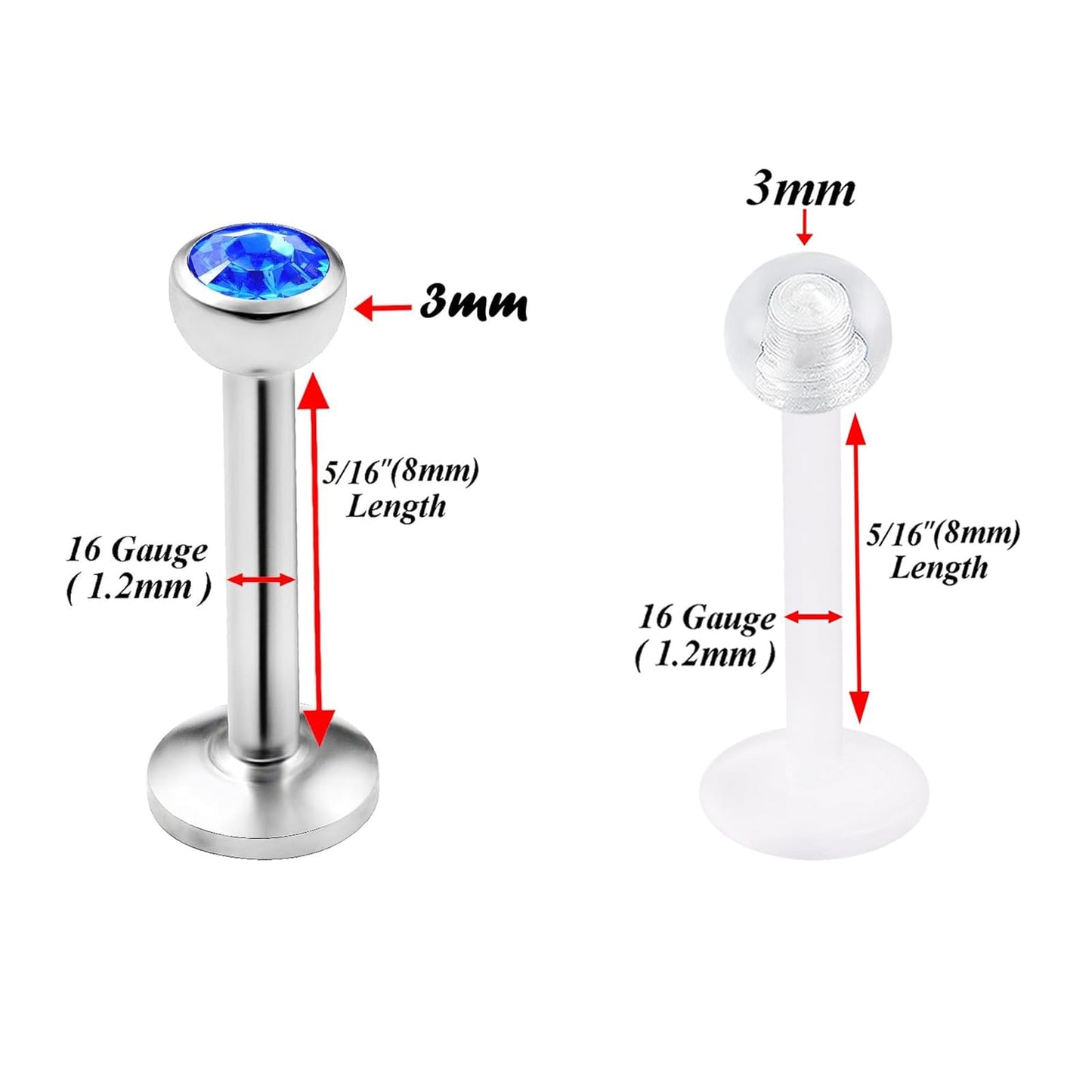 bodyjewellery 3pcs 16g 5/16 Labret Stud Lip Ring Snake Bite Conch Forward Helix Monroe Tragus Dahlia Marilyn Internally Threaded
